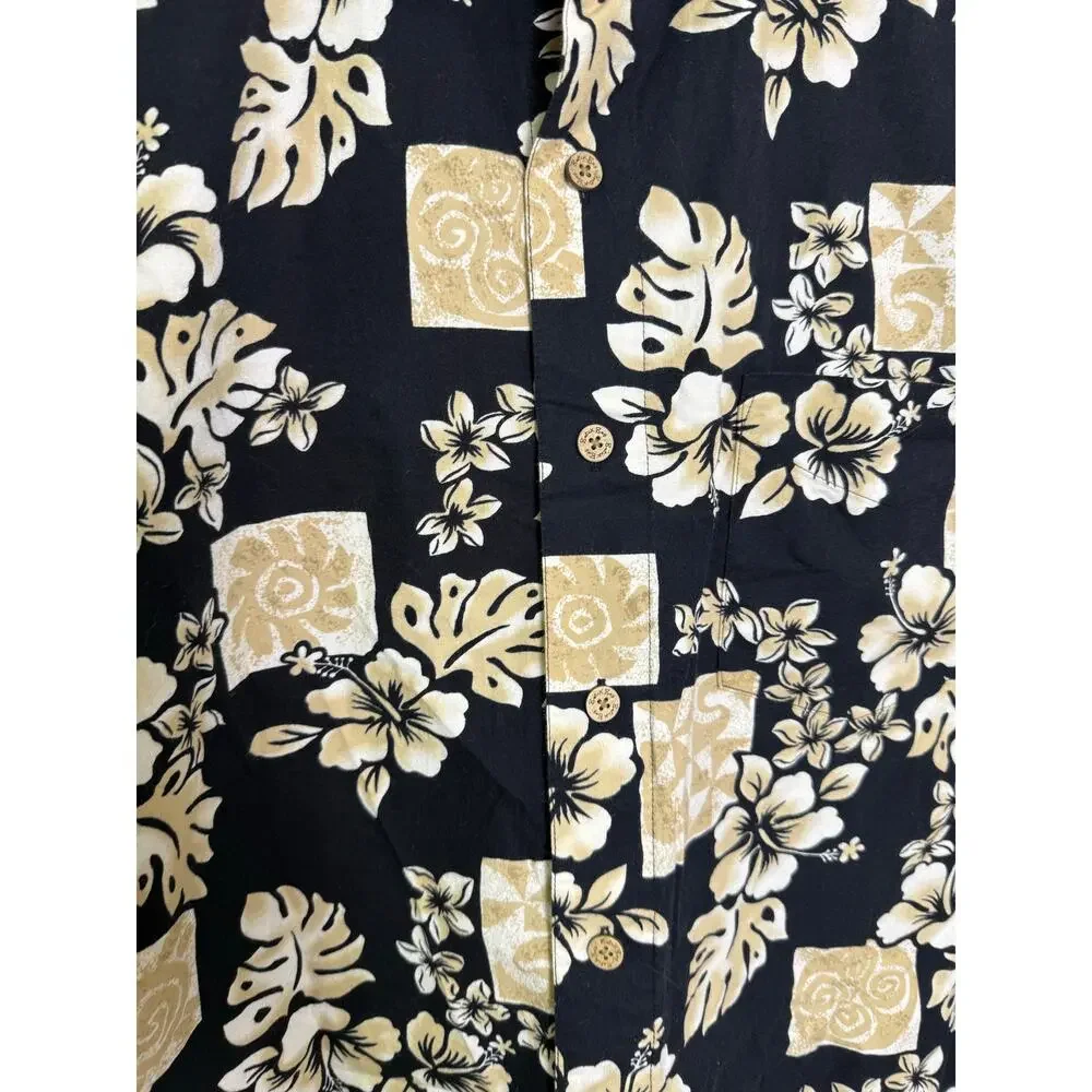 Batik Bay Mens L Hawaiian Short Sleeve Button Up Shirt Black / Tan Hibiscus Sun - Picture 2 of 4